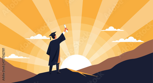 Graduate Achievement Reaching for the Future with Diploma in Hand Under Sunrise