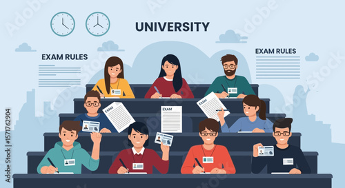 University Students Taking An Exam In A Lecture Hall Illustration Graphic