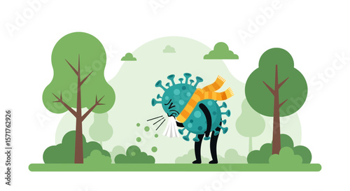 Unwell Virus Cartoon Character Sneezing in Park, Wearing a Scarf