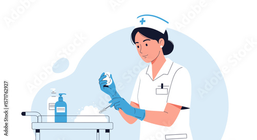Nurse Preparing Injection Safely In A Healthcare Environment With Blue Tones