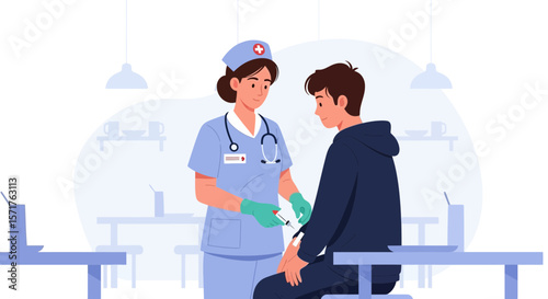 Vaccination Against Viruses or Diseases By A Female Nurse To a Young Man