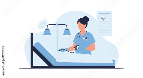 Nurse Taking Patient Vitals in Hospital Room in Blue Minimalist Style