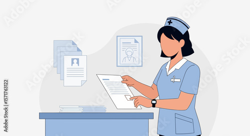 Nurse Reviews Patient Records In Clinical Setting For Accurate Medical Care