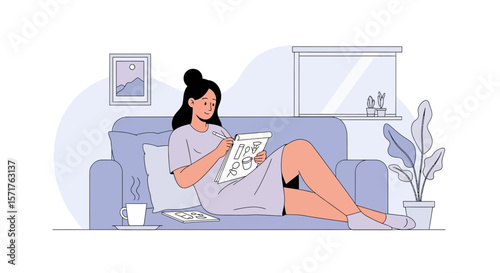 Creative Solitude Girl Enjoying Art Therapy At Home During Peaceful Relaxation