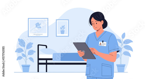 Nurse Using Tablet Computer In Hospital Room For Patient Care Update