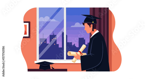 Graduate Contemplating Future Success With City View From Home On Graduation Day