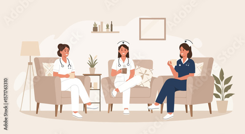 Nurses Relaxing During Breaktime In Comfortable Lounge Area At The Hospital