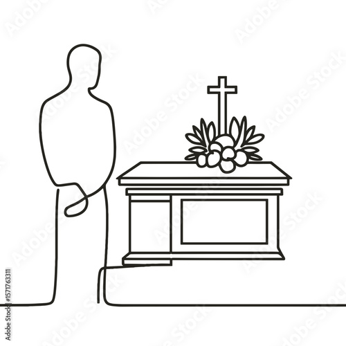 Person standing by funeral altar with flowers and cross concept of funeral  