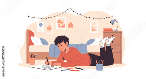 Creative Teenager Lying On Floor, Drawing In A Cozy Bedroom At Home