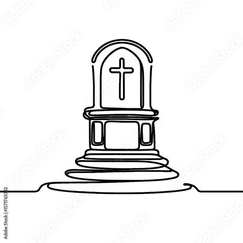 Simple line drawing of a funeral altar with a cross  