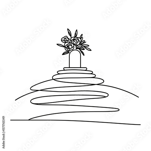 Grave mound with flowers on hilltop in simple line art style  