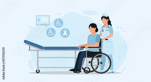 Nursing Care Nurse Assisting Patient In Wheelchair Healthcare Services Illustration