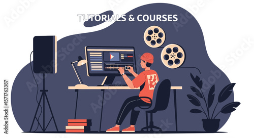 Creative Video Editor Working At Home And Learning From Online Tutorial