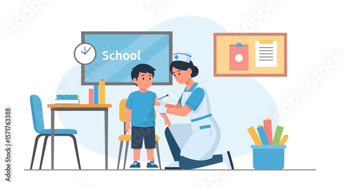 Vaccination Process At School Clinic Nurse Giving Flu Shot To Young Boy