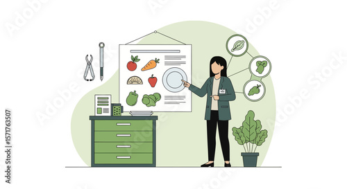 Nutritionist Explaining Healthy Eating Plan Using Food Chart And Serving Size Guidance