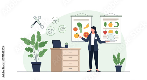 Nutritionist Explaining Healthy Eating Habits In Consultation With Charts And Foods