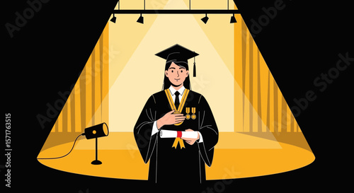 Graduate Receiving Academic Recognition On Graduation Stage Under Spotlights