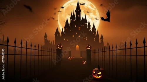 A spooky halloween scene with glowing pumpkins leading to a haunted castle under a full moon, swarming with bats