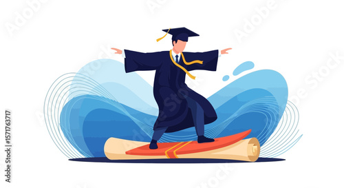 Graduate Surfing On Diploma Wave Symbolizing New Horizons And Future Opportunities