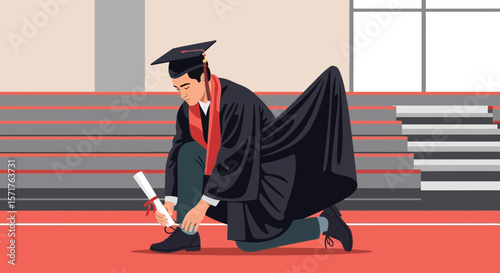 Graduate Tying Shoelaces Before the Ceremony Academic Achievement Illustration