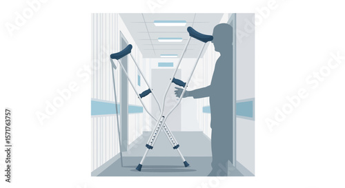 Crutches In Hospital Hallway Medical Assistance After Injury Or Surgery