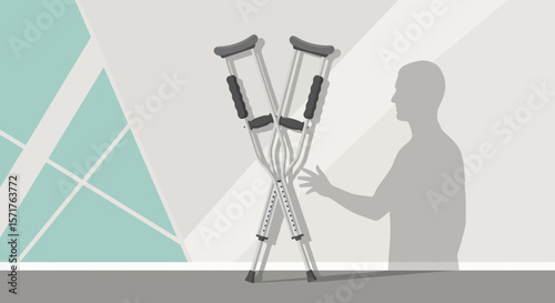 Crutches Symbolize Recovery And Rehabilitation With Silhouette Of Person Near Window