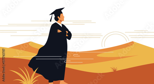 Graduate's Reflection In Desert Landscape After Academic Achievement And Future Dreams