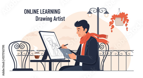 Online Artist Creating Digital Artwork While Sitting In Cafe Terrace Illustration