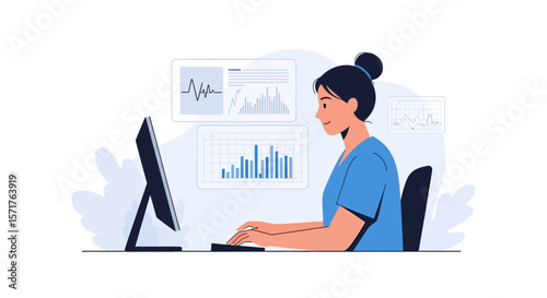 Data Analysis And Visualization Woman Working On Computer Analyzing Statistical Data