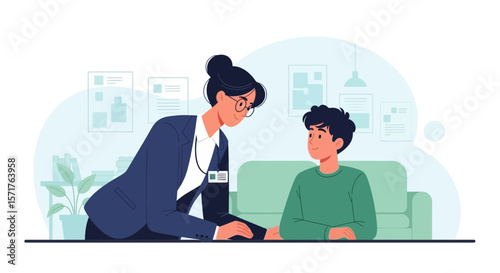 Vector Illustration Of Professional Woman Offering Support And Guidance To Young Man
