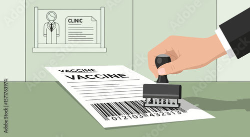 Verification Of Vaccination Process Using Official Stamp In Clinic Illustration