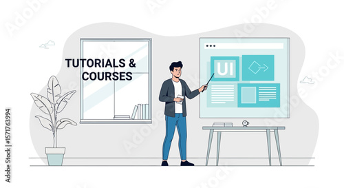 Online Courses Presenter Explaining User Interface Design Principles In Modern Interior