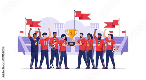 Victorious Soccer Team Celebrates Championship Win With Golden Trophy At Stadium