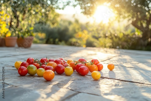 A vibrant medley of ripe cherry tomatoes gleam on a weathered stone surface in the warm glow of the sun.