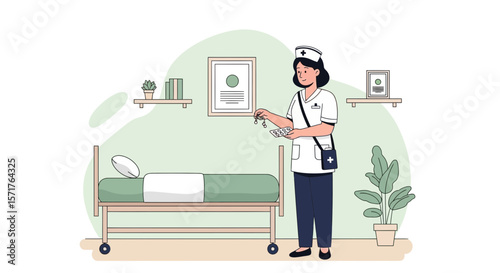 Dedicated Healthcare Professional Dispensing Medication In A Serene Hospital Room