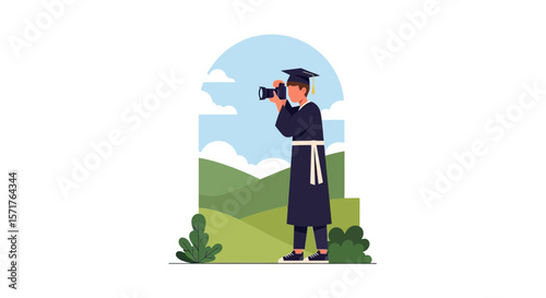 Graduation Photographer Capturing Landscape Memories With Professional Equipment