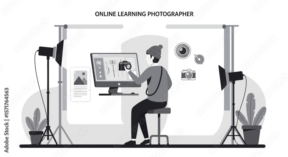 Online Photography Education Concept With Student Using Digital Camera In Virtual Studio