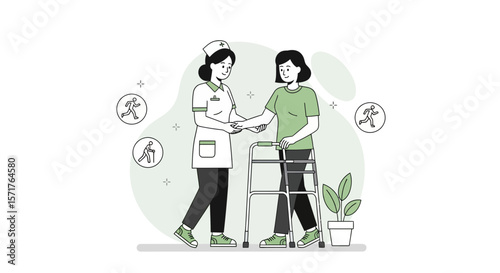 Dedicated Nurse Helping Patient Walk With Walker After Injury Or Illness