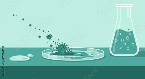 Viral Growth In Petri Dish With Liquid Flask In Medical Research Setup