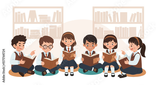 Group Of Smiling Students Reading Books Together In Library Or Classroom