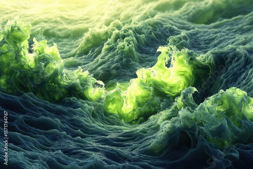 An abstract representation of powerful waves, illuminated with an eerie, luminous green glow, creating a surreal and captivating scene.