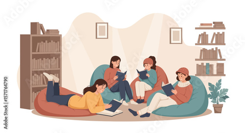 Group Of Women Reading In Cozy Room With Bookshelves And Beanbag Chairs