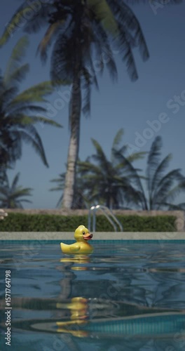 op view of a bright yellow rubber duck floating in a clear blue swimming pool with mosaic tiles. Sunlight casts a soft shadow. Wooden deck and stone edge create a clean, cheerful summer scene
