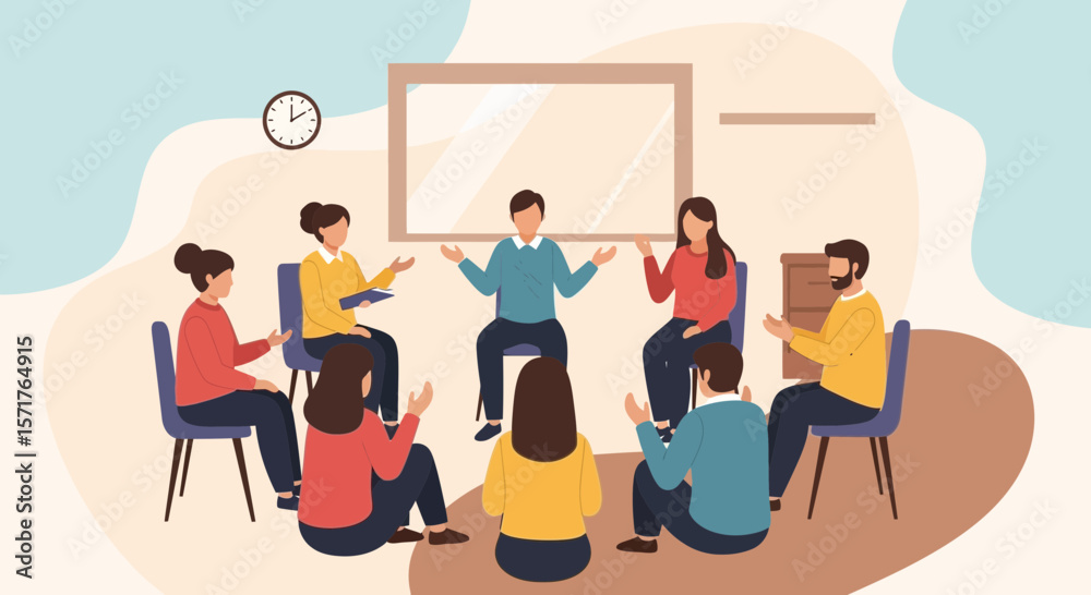 Obraz premium Group Therapy Session Illustrating Emotional Support And Communication Process
