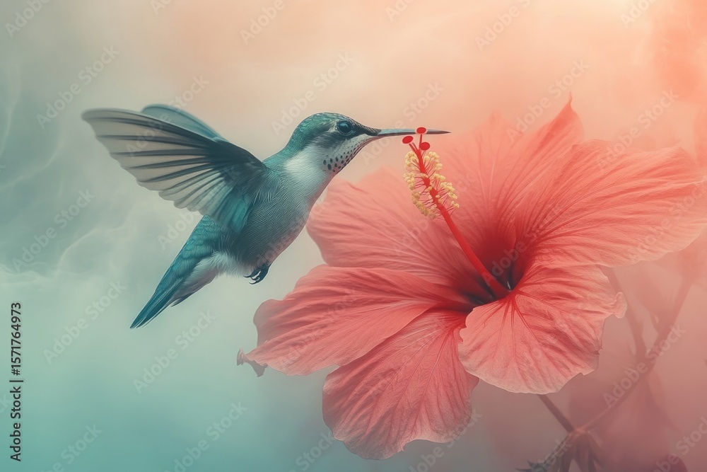 Fototapeta premium Hummingbird in flight, reaching with its beak towards the center of a vibrant pink hibiscus flower.