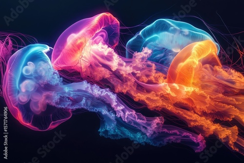 A captivating abstract art composition showcasing jellyfish in vibrant neon colors against a dark background.