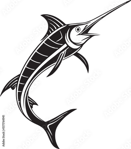 Stylized black and white illustration of a swordfish with artistic detailing and curve lines