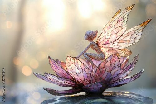 A delicate fairy with translucent wings rests upon a blooming, intricately patterned lotus flower in soft light.