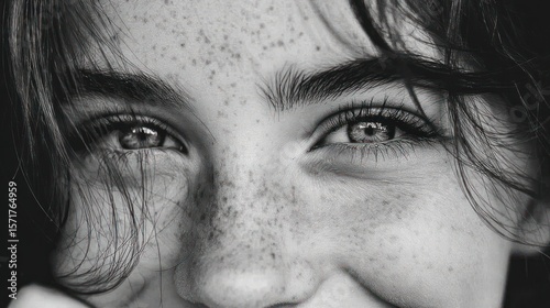 Close-up black and white portrait of a young person