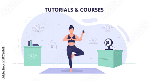 Online Yoga Training Concept Female Practicing Tree Pose Watching Tutorials